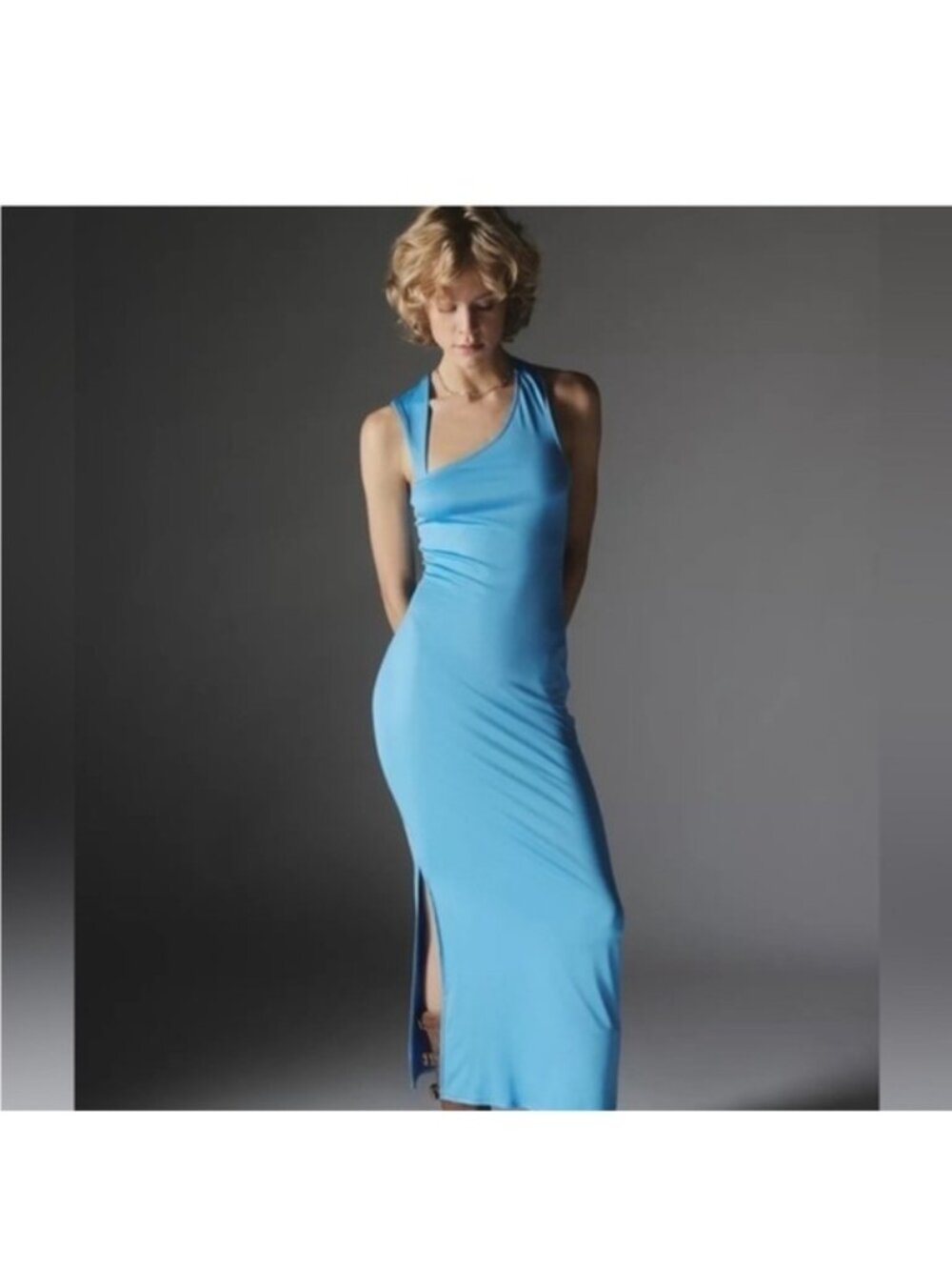 Blue One-Shoulder Maxi Dress with Side Slit